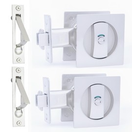 Dontay 2 Pack Pocket Door Lock, Color Coded Indicators, Privacy (Bed/Bath) Handles Latch, 2-3/8" Backset, Hardware for 1 3/8” to 2 3/16” Thickness Door (Including Edge Pull, Brushed Nickel, Square)