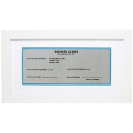 5x10 White Gallery Business License Frame with 3.5x8 Mat - Wide Molding - Includes Attached Hanging Hardware and Desktop Easel - Display Panoramic Picture Certificate or Retail Licenses