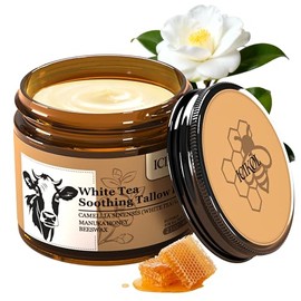 White Tea Grass-Fed Beef Tallow Balm for Men - Whipped Tallow Face Moisturizer & Beard Balm with Manuka Honey - Natural After Shave Care for Dry & Sensitive Skin, 2.1 oz