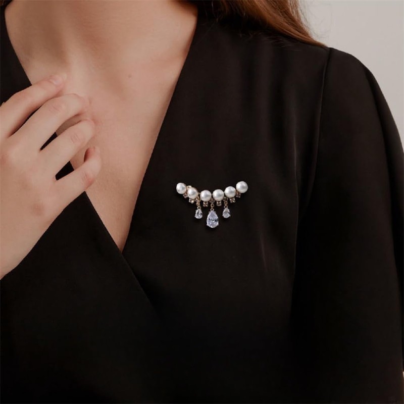 sunjiaqiRhinestone Pearl Tassel Brooch Crystal Pearl Flower Brooches Pins Fashion
