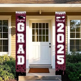 Graduation Decorations Maroon White 2025/Maroon Black Graduation Party Decorations/Congrats Grad Porch Banner for Burgundy 2025 Grad Party Decorations