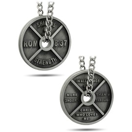 Shields of Strength Men's Antique Finish High Relief Weight Plate Necklace - Romans 8:37