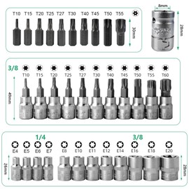 Versatile 34-piece socket set, ratchet wrench set, Torx nut set, small ratchet box with Torx, ratchet, multi-tooth and Allen nuts as well as sockets
