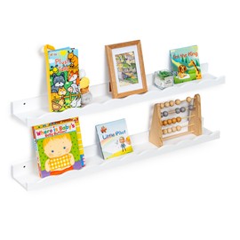 Fun Memories Picture Ledge Shelf for Wall, 36 inch Pine Wood Nursery Book Shelves Set of 2- Wall Book Shelves for Kids Room, Home Decor - Kitchen Spice-White