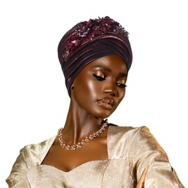 Women's African Turban Head Wrap Braid Beanie Cap Headwear Crystals Twisted Head Turbans for Women (US, Alpha, One Size, Medium, Wine Red)