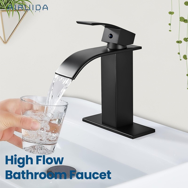 Airuida Matte Black Waterfall Bathroom Faucet, Single Handle Single Hole