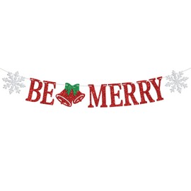 Be Merry Banners, Merry Christmas Bunting Garlands, Hanging Xmas/New Year Eve Party Decorations Supplies for Fireplace Wall, Red and Green Glitter
