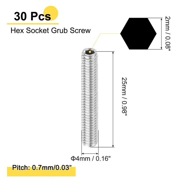 sourcing map 30Pcs Hex Socket Grub Screw, M4x25mm 304 Stainless