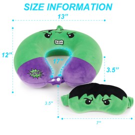 Superhero Travel Pillow for Kids & Adults with Sleep Eye Mask, Memory Foam U-Shaped Neck Pillow with Washable Cover, Soft Head Support Travel Accessories for Airplane Car Train Bus Recline, Green