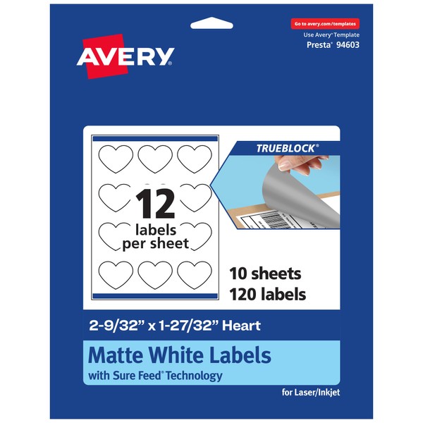 Avery TrueBlock Matte White Heart Labels with Sure Feed, 2-9/32"