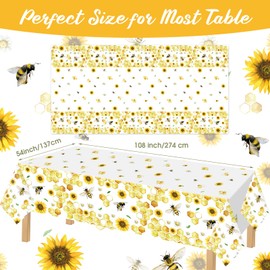 Ganeen 3 Pcs Bee Party Tablecloth Disposable Plastic Table Covers Sunflower Waterproof Tablecloths for Birthday Bee Themed Party Decor, 54 x 108 Inch