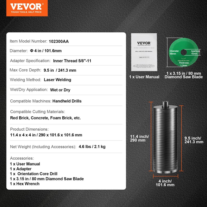 VEVOR Core Drill Bit, 4" Wet/Dry Diamond Core Drill Bits