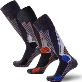 Pure Athlete High Performance Wool Ski Socks - Thermal Warm Merino Wool OTC Sock, Men Women (3 Pairs - Black/Blue(1)+Black/Orange(1)+Black/Silver(1), Large)