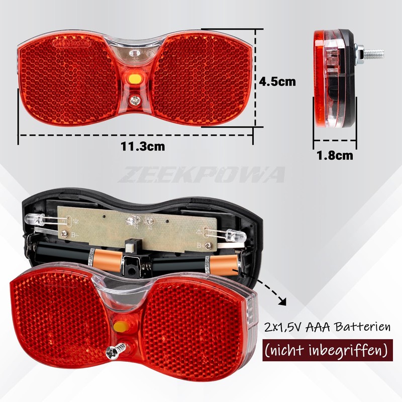 Zeekpowa Rear Light Bicycle with StVZO Approval Red Reflector for