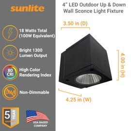 Sunlite 81298 LED 4-Inch Outdoor Square Up and Down Wall Sconce Light Fixture, 18 Watts (100 Watt Equivalent), 1300 Lumens, 50,000 Hour Life Span, 3000K Warm White, Black Finish, ETL Listed
