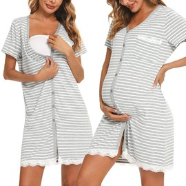 Uniexcosm Nursing Nightdress Women's Short Sleeve Cotton Maternity Nightdress V Neck Maternity Nightdress Button Down for Pregnant Women or Nursing Women Maternity Dress, Style 1: light grey