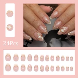 24Pcs French Tip Press on Nails Short Almond Fake Nails Summer Floral Acrylic Nail Gold Curve Line Stick on Fingernails Glossy False Nails Petal Sticks on Fingernails Nude Stick on Nails for Women