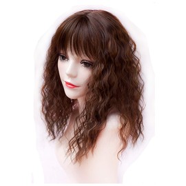 Water Wavy Hair Crown Piece Clip in Middle Part Topper with Choppy Fringe Thin/45cm, Light Brown