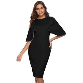 Memoriesea Women's Ruffle Flared Sleeve Bodycon Pencil Formal Cocktail Midi Dress Black