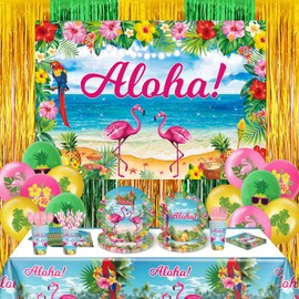 Hawaiian Aloha Luau Party Decorations Tropical Aloha Disposable Plates Napkin Cups Sets Supplies 140Pcs Flamingo Aloha Banner Backdrop Balloons Arch Tablecloth for Beach Summer Birthday Party Decor