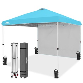 EAGLE PEAK Pop Up Canopy Tent with 1 Sidewall, Easy Setup Event Tent, Outdoor Sun Shade, Wheeled Carry Bag, Stakes and Guy Ropes, Instant Canopy 10x10, Light Blue
