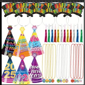 Colorful New Years Eve Party Supplies, 2025 New Year's Eve Party Favors-New Year Headwear, Cone Hats, New Year Blowouts, New Year Eve Bead Necklace with Pendant, 2025 New Year's Eve Party Decorations
