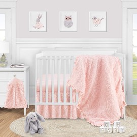 Sweet Jojo Designs 4-Piece Baby Crib Bedding Set (Blush Pink Floral Rose) for Girls, Infants/Nursery incl. Blanket, Fitted Sheet, Skirt, Diaper Stacker (Elegant, Princess, Luxury, Glam, Ruffle Roses)