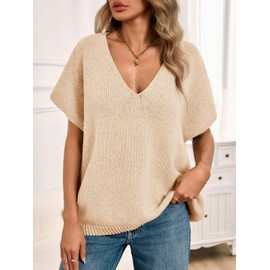 Yousify Womens Oversized Sweater Vest Batwing Short Sleeve V Neck Knit Tops Casual Loose Fit Pullover Apricot