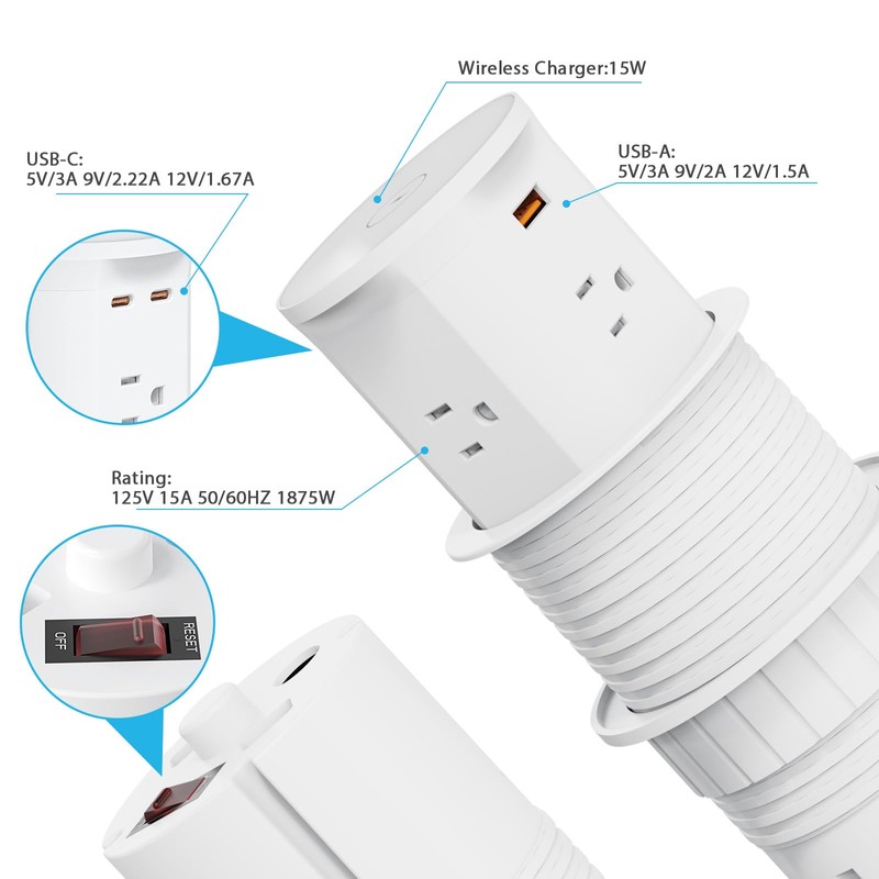 Pop Up Outlet for Countertop 20W USB C Fast Charging