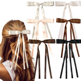 6 PCS Ribbon Hair Bows for Women Girls,Tassel Ribbon Bowknot Hair Clips With Long Tail,Big Ribbon Bows Satin Hair Clip for Hair Design (Mixed Colors)