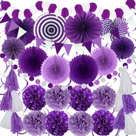 ZERODECO Party Decorations, 41 Pcs Purple Papar Fans Pompoms Garlands String Tissue Paper Tassel for Fiesta Home Bridal Baby Shower Wedding Boy Girl Birthday Party
