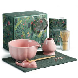 Domaci Pink Matcha Whisk Set, 7 Pcs Matcha Kit Includes Matcha Bowl with Spout, Bamboo Whisk, Chasen Holder, Sifter, Scoop and Rest, Tea Towel, Matcha Making Kit Tools for Family/Friend