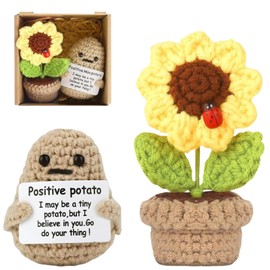 COZYFEELING Cute Mini Positive Potato Crochet Doll Gifts, Positive Potato Funny, Emotional Support Sunflower Pot Desk Decoration Crochet Birthday Gifts for Women Mom Best Friend (Sunflower & Potato)