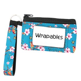 allydrew Neoprene Mini Wristlet Wallet/Credit Card ID Holder with Lanyard, Bird & Cherry Blossom