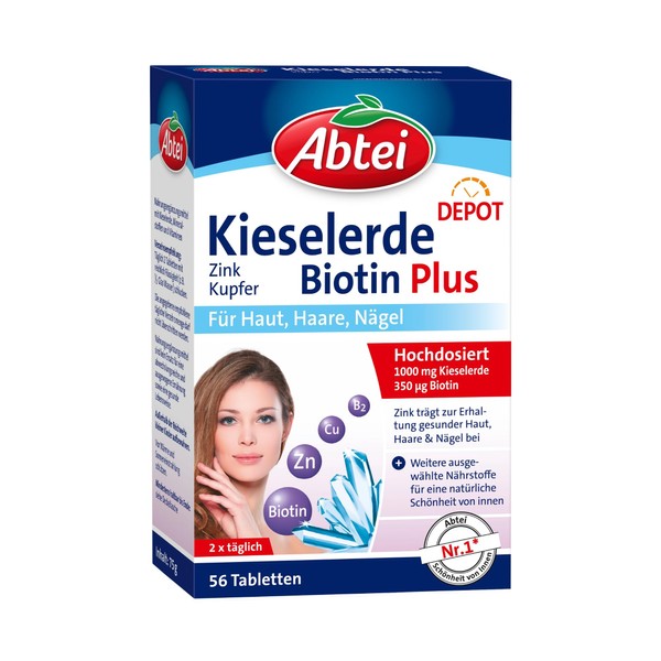Abtei Biotin Plus Silica, with Zinc for Beautiful Skin, Hair and Nails, Depot Technology with Long-Lasting Effect, Laboratory Tested, Vegan, 56 Tablets