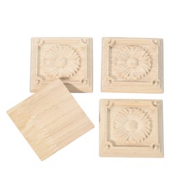4 Pcs Decorative Wood Carved Appliques Onlays Small Flower Square Rosette, 2.35x 2.35inch Unpainted Solid Wood Square Carving Decal for Furniture Cabinet Closet Decoration