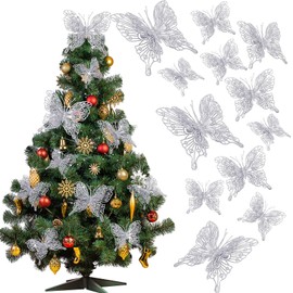 Jutom 24 Pcs Christmas Tree Butterfly Ornaments 3 Sizes 3D Glitter Hollow Butterfly Decorations Xmas Butterflies Wall Hanging Decor with Clips and Stems for Christmas Tree Wreath (Silver)