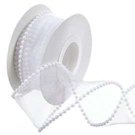 Nogeqi 1.5 Inch Faux Pearl Ribbon, Smooth White Ribbon with Pearl Edges Wire, 4.5m Sheer Mesh Ribbons for Gift Wrapping, Bows Bouquet Decor Crafts, Wedding Bridal Decorations