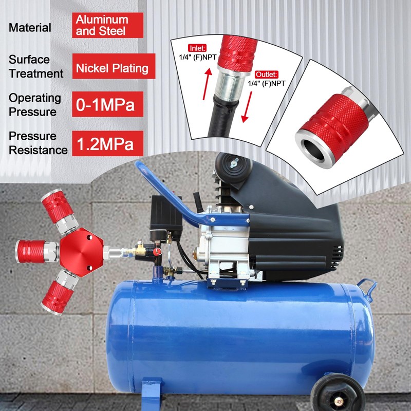 FANOVO 3 Way Air Hose Splitter,Red Air Manifold,Air Compressor Splitter