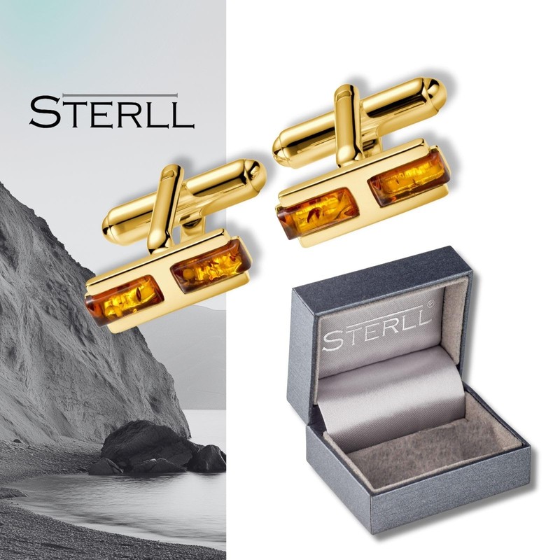Mens Gold Plated Silver Amber Cufflinks In Gift Box, Silver