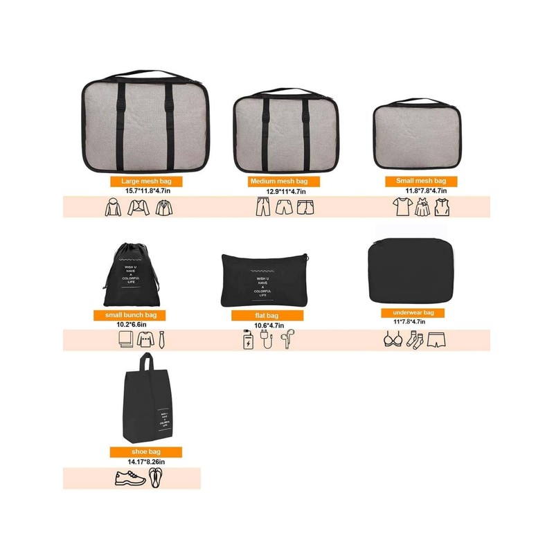 Travel Storage Bag Set, 7 Pieces, Large Capacity, Zipper Closure,