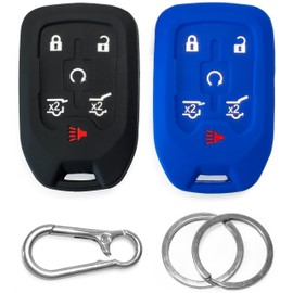 2-Pack Click&Fit Silicone Key Fob Covers Compatible with Chevy Suburban 2015-2021 Tahoe 2014-21, GMC Yukon 2014-21 – Car Remote Key Shell Rubber case 6-Buttons, Black+Blue