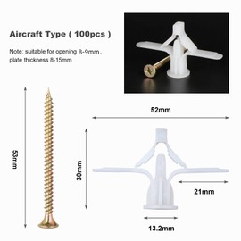 Gueenky Pack of 100 Plasterboard Dowels with Screws, Cavity Dowels, Drywall Dowels, Rigypsum Dowels with Screws, Drywall Anchors with Screws for Plasterboard, Plasterboard, Cavity Wall