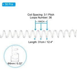 PATIKIL 8mm(5/16") Plastic Spiral Binding Coils, 50 Pcs Binding Spirals 40 Sheet Capacity 3:1 Pitch Binding Spirals for Binding Paper Sheets, Transparent