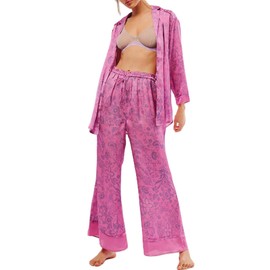 Fenghualzzniya Women Satin Pajama Set Floral Silk Pajamas 2 Piece Lounge Sets Button Down Shirts Wide Leg Pants Pjs Sleepwear, Rosered, Medium
