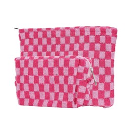 Philo Fun Cute Cosmetic Bags with Pink Checkered Pattern, Large Capacity Makeup Bag Pouch and Travel Toiletry Organizer with Zipper Closure, Set of 2