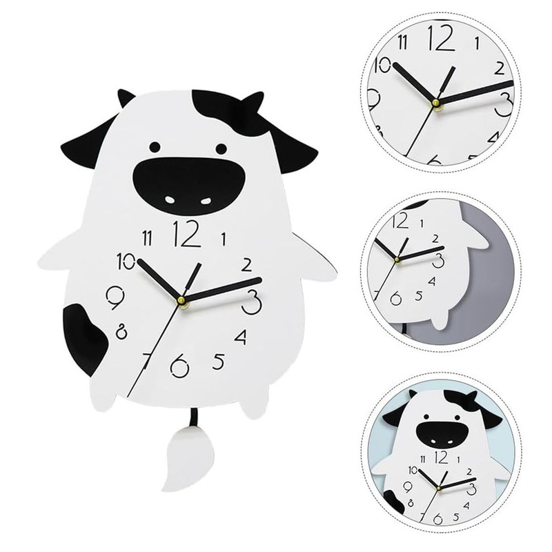 Acrylic Wall Clock Cartoon Cow Shape Silent Movement Decorative Swinging