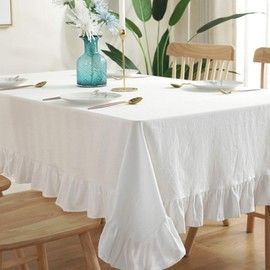 rismart Ruffle Square Linen Table Cloth Cover Tablecloth for Tabletop Desk Adornment White 140 x 260 cm