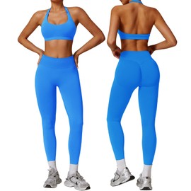 Gym Sets for Women 2 Piece Halter Backless Sports Bras Hidden Scrunch Leggings Seamless Yoga Workout Outftis Tracksuits Set