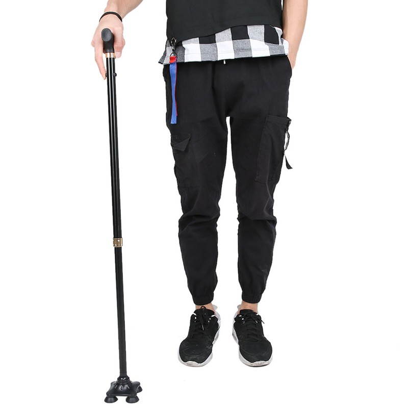 Height Adjustable Aluminum Alloy Cane with T Handle 4-pronged Pivot